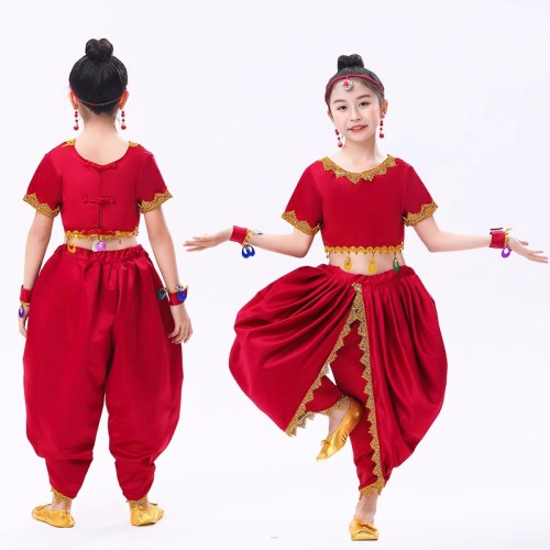 Children Indian dance straight-leg pants blue wine color Belly Xinjiang dance Dresses for kids girls  exotic ethnic dunhunag group Bell show dance outfits for kids